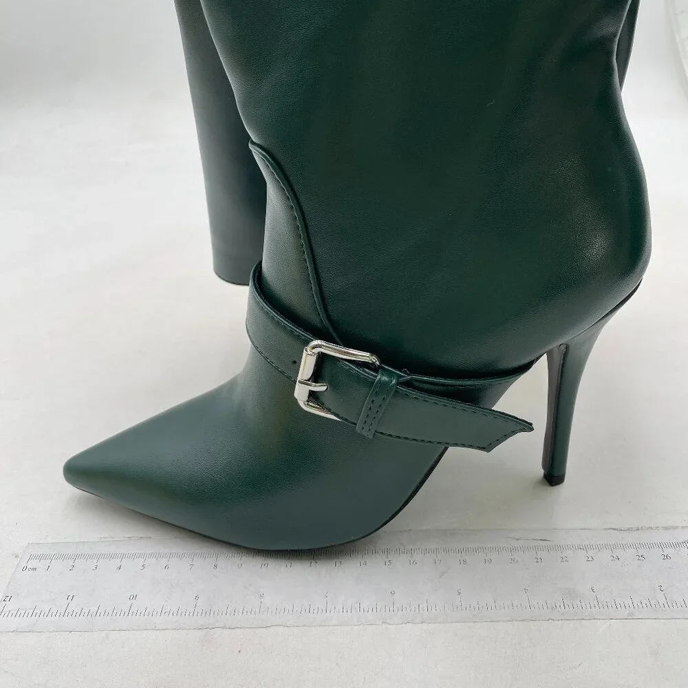 Green High Heel Knee High Boots Pointed Toe Ankle Buckle Side Zip Long Boots